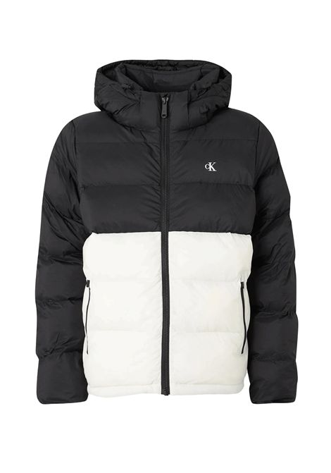 Piumino Calvin Klein Nylon Color Block con Cappuccio Nero Bianco Uomo CALVIN KLEIN | Giubbini | LV04RD527G-YAS